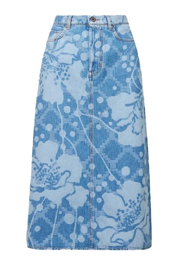 fonte_floral_pattern_deni_2.webp Weekend MaxMara Fonte Floral Pattern Denim Midi Skirt - Blue | Skirts