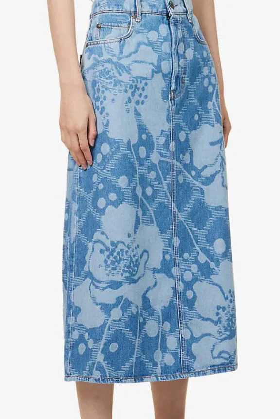 fonte_floral_pattern_deni_3.webp Weekend MaxMara Fonte Floral Pattern Denim Midi Skirt - Blue | Skirts