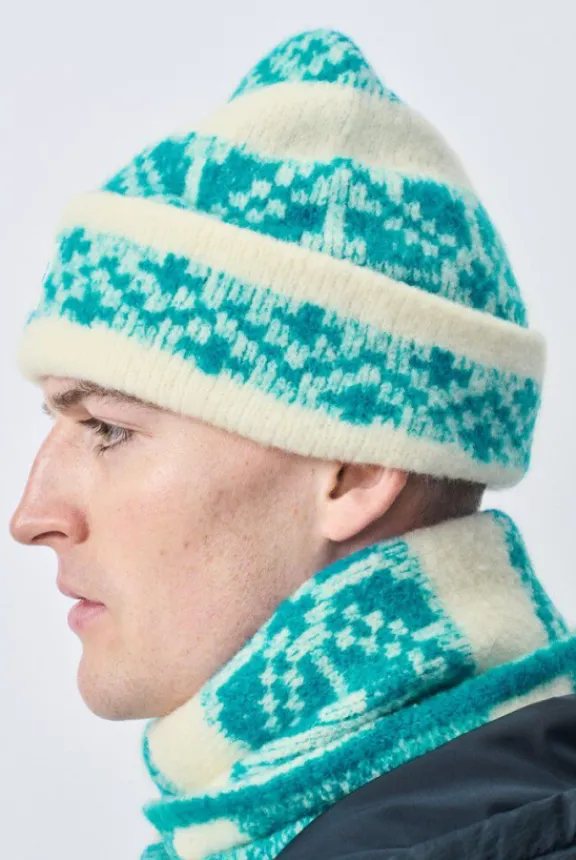 gylson_beanie__ecru_jacqu_2.webp American Vintage Gylson Beanie - Ecru Jacquard Turquoise | Hats And Gloves