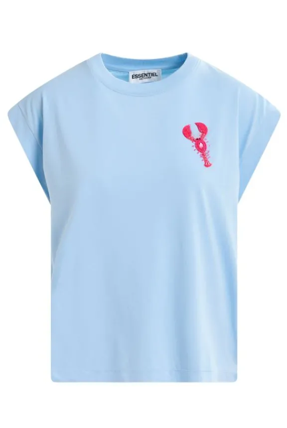 hobster_embroidered_tshir_1.webp Essentiel Antwerp Hobster Embroidered T-Shirt - Aqua Blue | Shirts And Tops