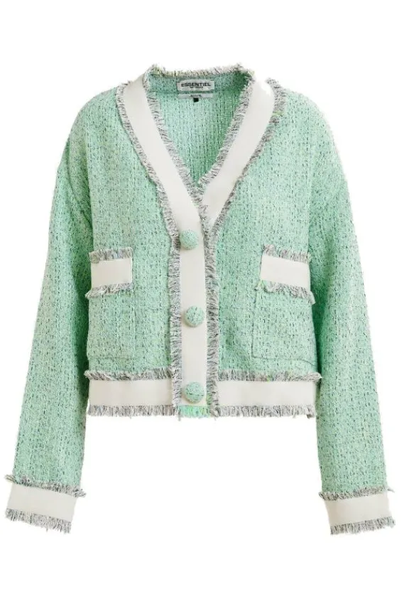 Essentiel Antwerp Hoola Cropped Tweed Cardigan - Neptune Green | Shirts And Tops | Jackets And Coats
