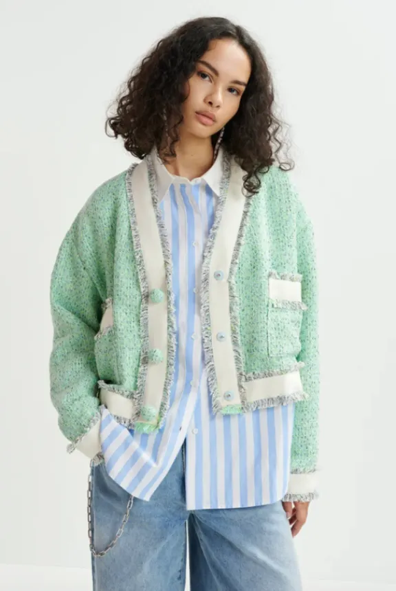 hoola_cropped_tweed_cardi_3.webp Essentiel Antwerp Hoola Cropped Tweed Cardigan - Neptune Green | Shirts And Tops | Jackets And Coats