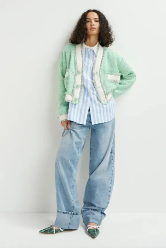 hoola_cropped_tweed_cardi_4.webp Essentiel Antwerp Hoola Cropped Tweed Cardigan - Neptune Green | Shirts And Tops | Jackets And Coats