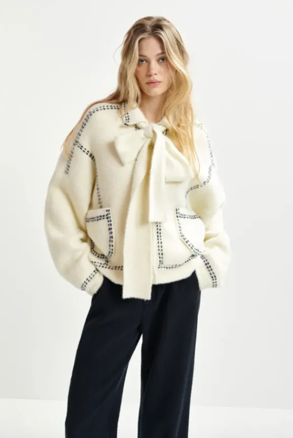 hoops_cardigan_with_bow___2.webp Essentiel Antwerp Hoops Cardigan with Bow - Sour Cream | Knitwear