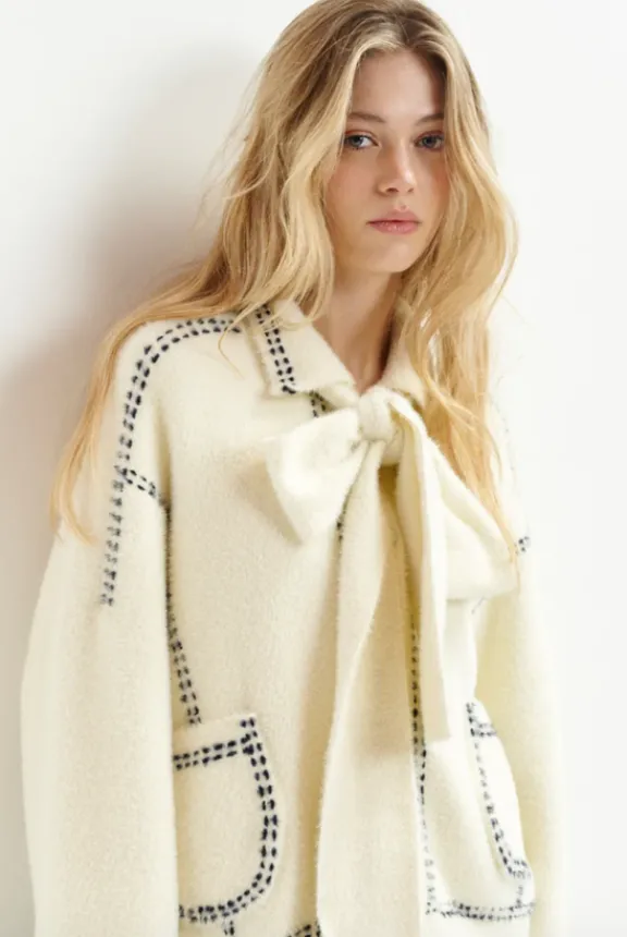 hoops_cardigan_with_bow___3.webp Essentiel Antwerp Hoops Cardigan with Bow - Sour Cream | Knitwear