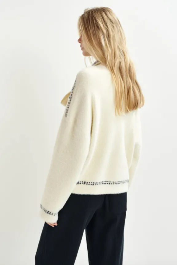 hoops_cardigan_with_bow___4.webp Essentiel Antwerp Hoops Cardigan with Bow - Sour Cream | Knitwear