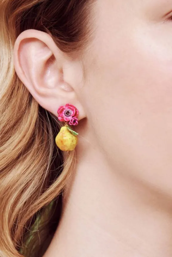 Les Néréides Pink Poppy Flower & Sweet Pear Post Earrings | Jewellery | Gifts